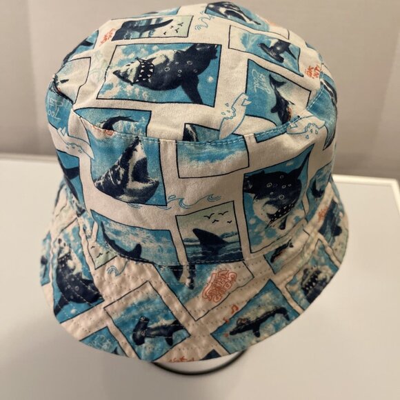 Boys Reversible Shark All Over Print Bucket Hat In Blue White Good Vibes Lookout - Picture 2 of 10